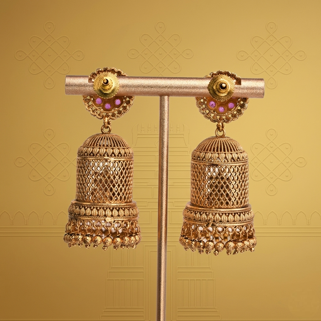 Antique Finish Lakshmi Mandapam Jumka Earrings close-up view - Avalna